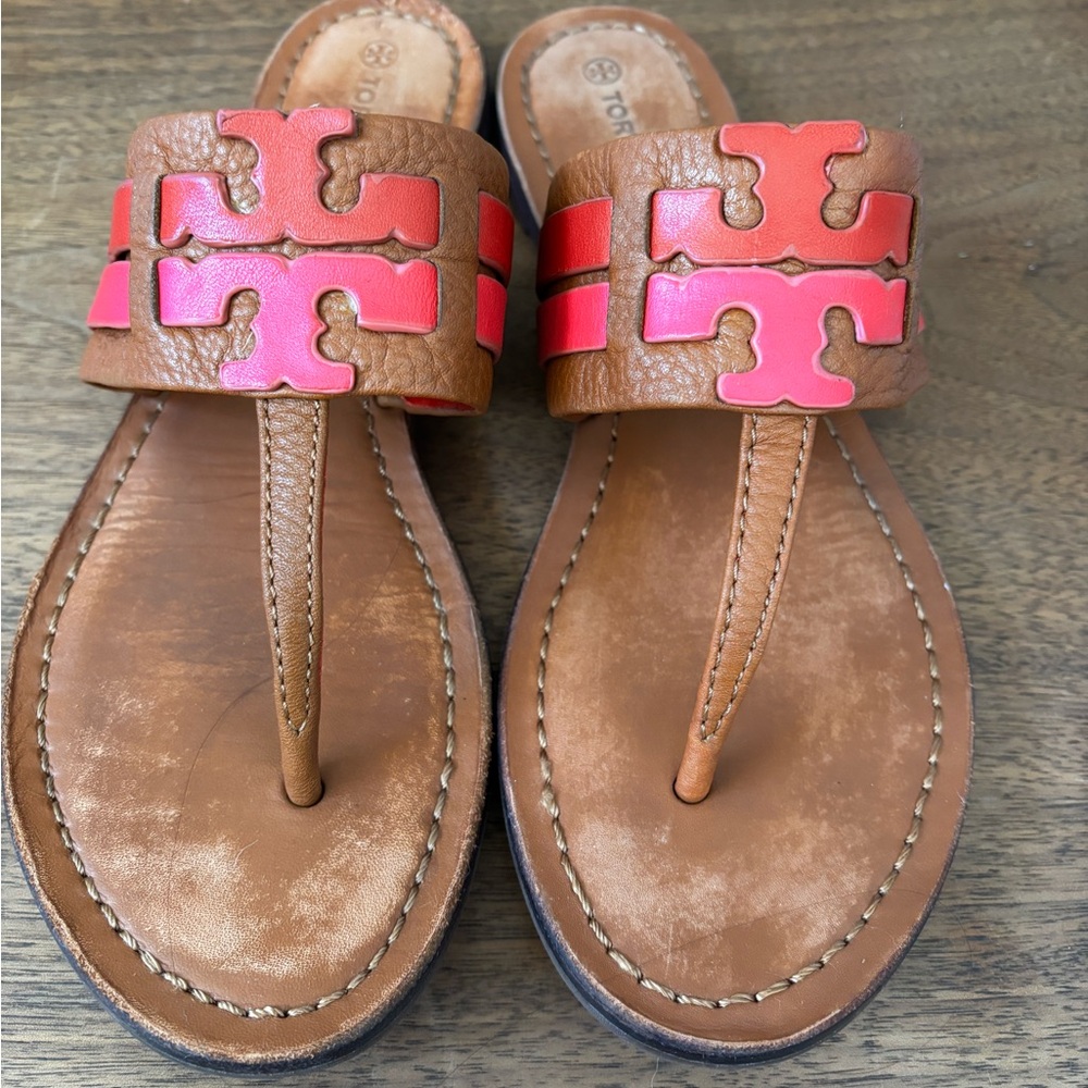 Tory Burch Leigh Ambra Carnelian Azalea Leather Thong Sandals Size 7